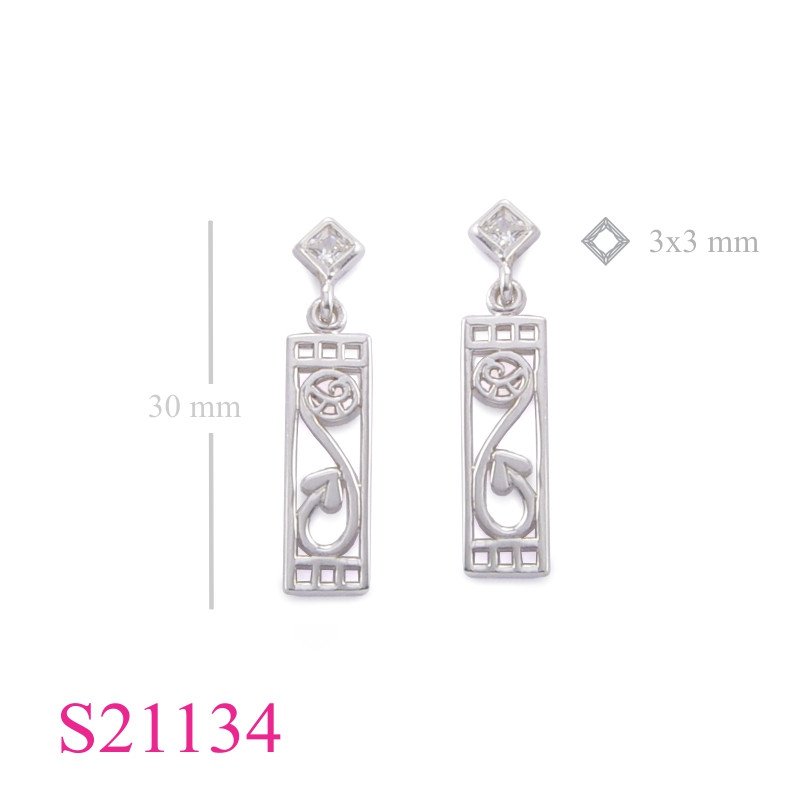 Earrings, rectagular Mackintosh design with 4mm square stone.