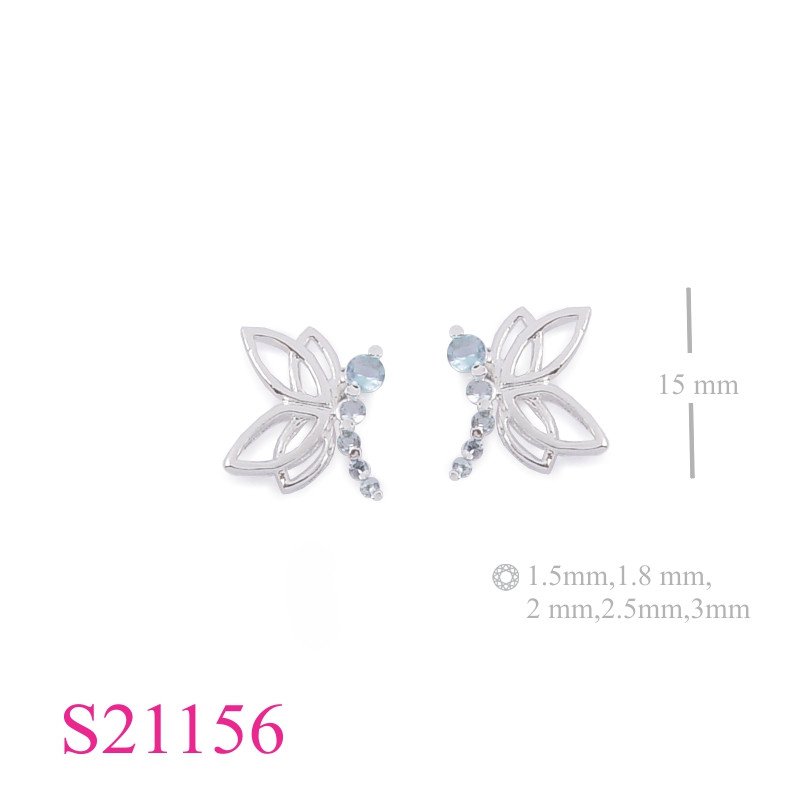 Stone Earrings, dragon fly with 5 small Aqua Glass stones. 1.5, 1.8, 2, 2.5, 3mm