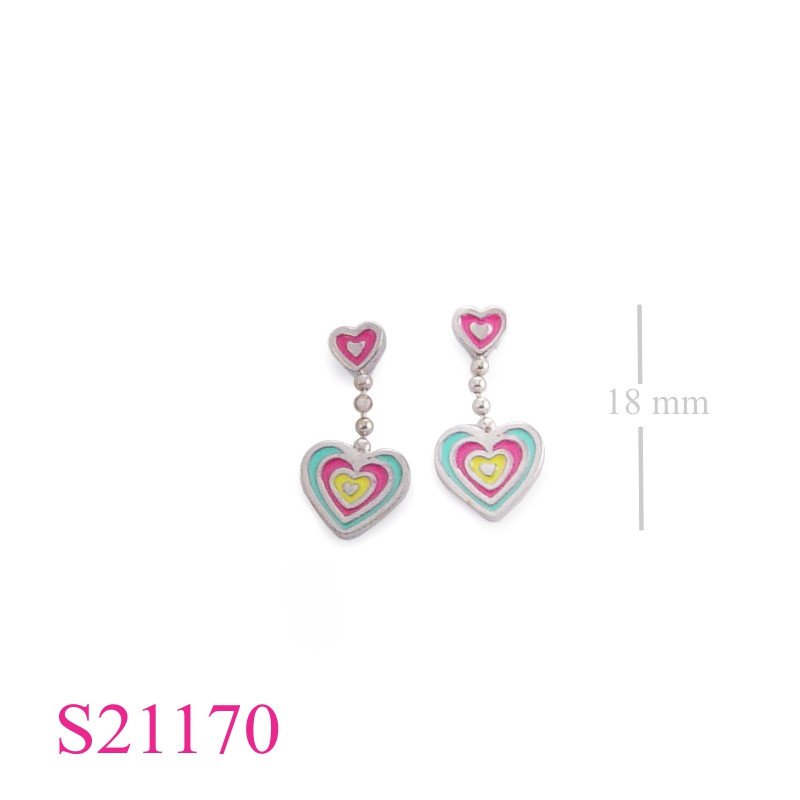 Earrings, enamel heart and ball chain.