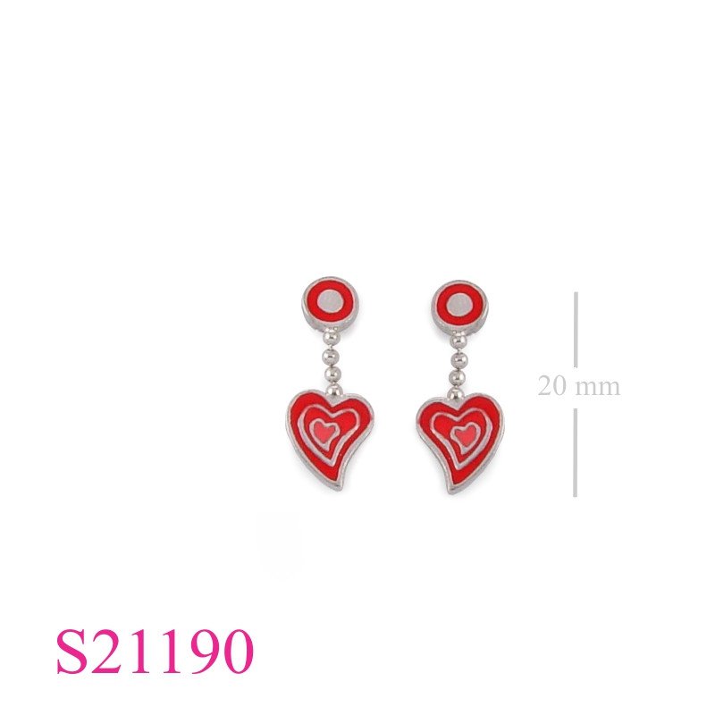 Earrings, enamel round + ball chain + heart.