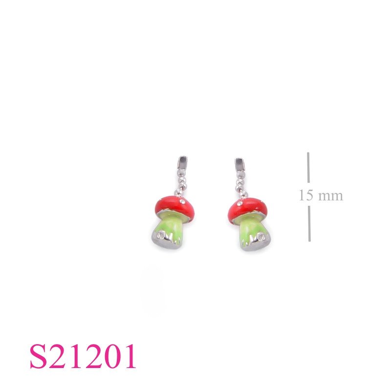 Earrings, enamel mushroom and ball chain.