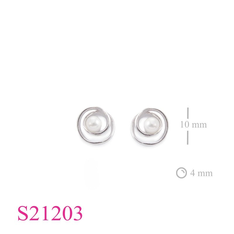 Earrings, swirl and 4mm poly perl.