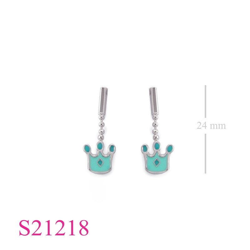 Earrings, enamel crown on ball chain.
