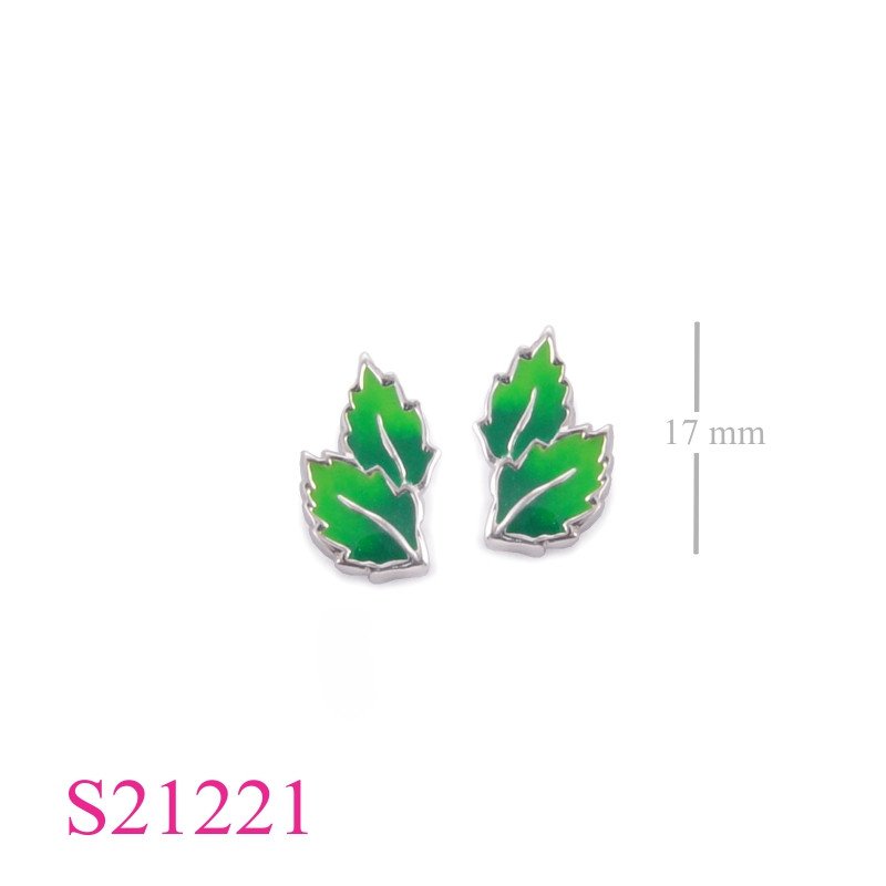 Earrings, enamel double leaves.
