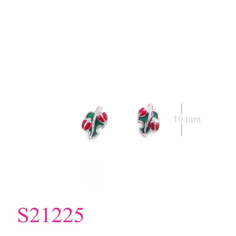 Earrings, enamel 2 ladybugs on leaf.