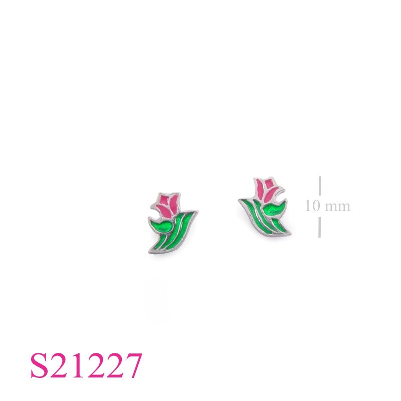 Earrings, enamel tulip.