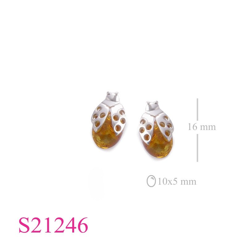 Earrings, ladybug with oval Amber.
