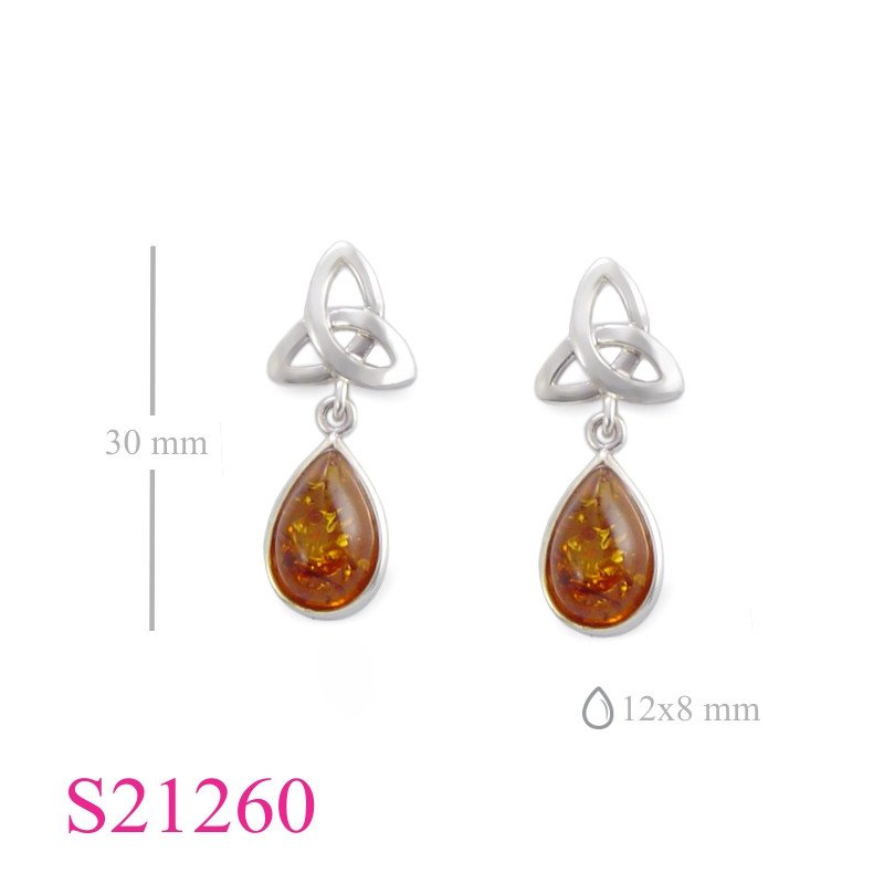 Earrings, Trinity Celtic and hanging drop Amber.