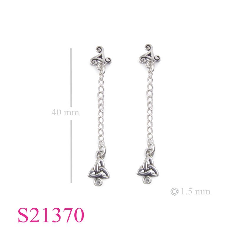 Triskelion Earrings, small Triskelion and hanging Trinity with Clear crystal.