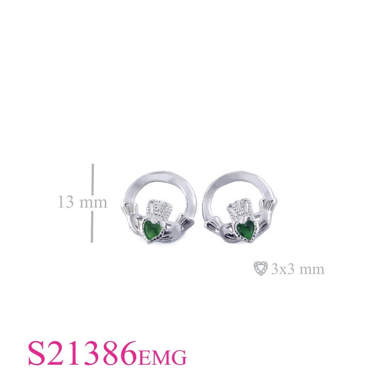 Stone Earrings, Rhodium plated round Claddagh with Emerald Glass heart stone.