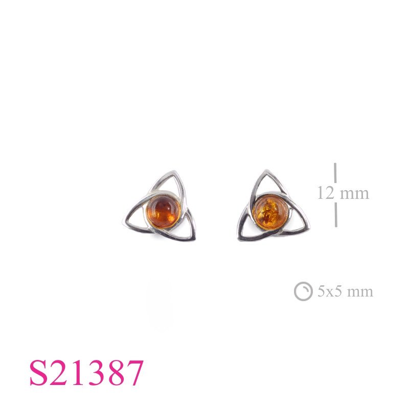 Stone Earrings, Trinity with round Amber stone.