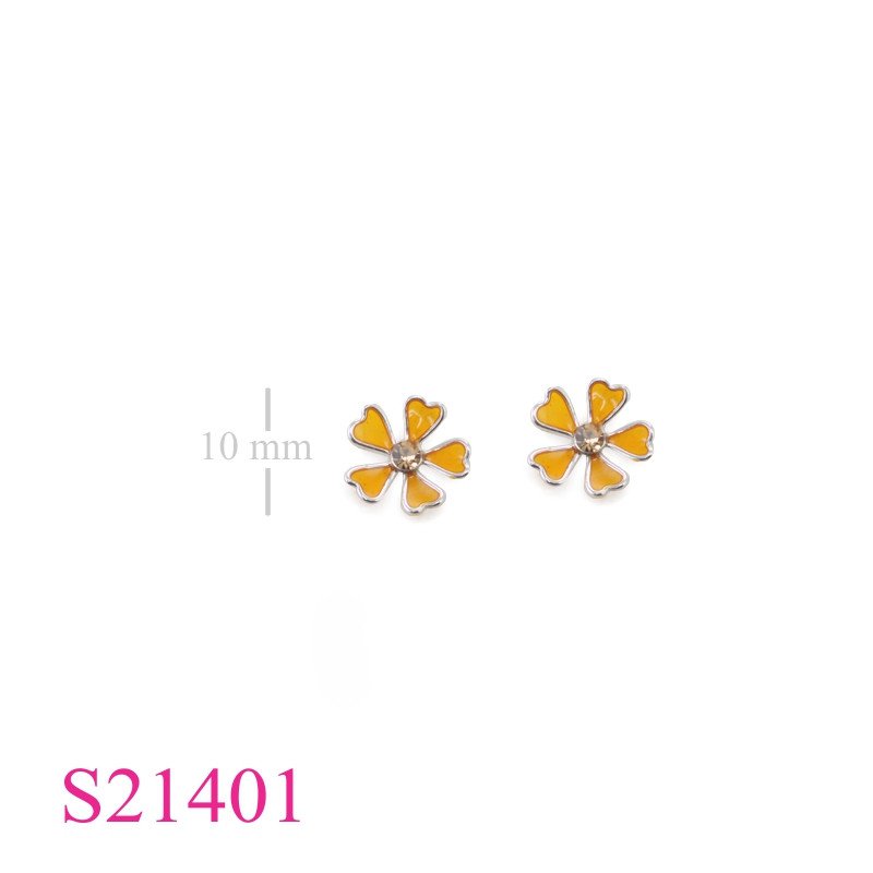 Earrings, enamel small flower with small crystal.