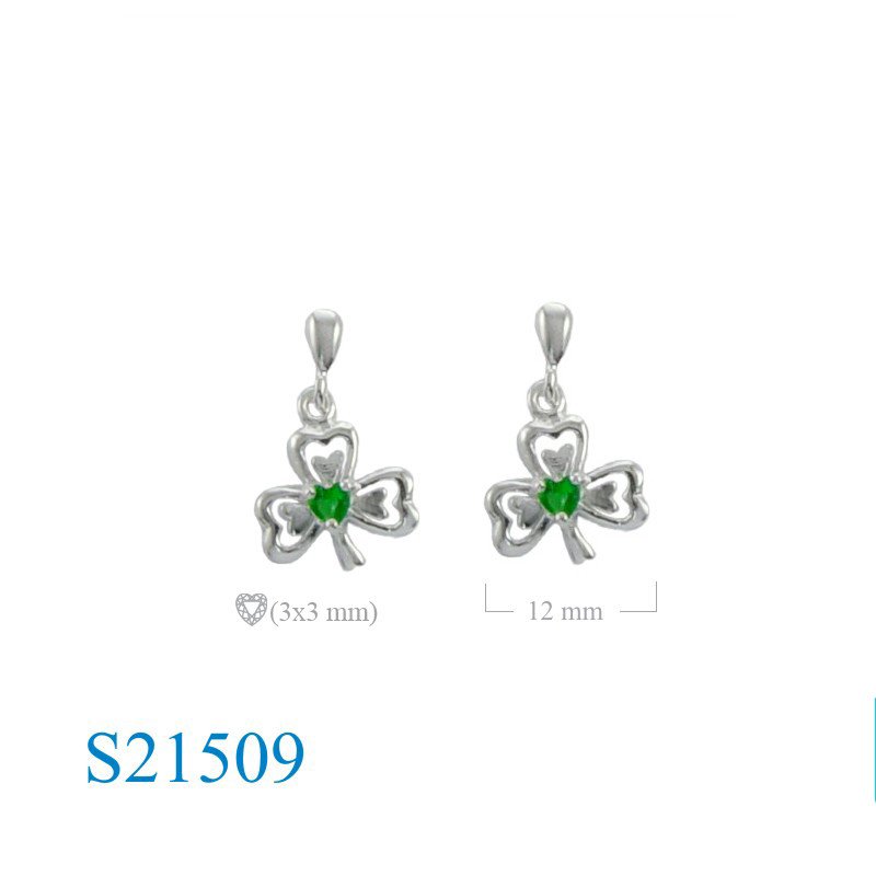 Heart Earrings, Shamrock Earrings, Shamrock with Emerald Glass stone.