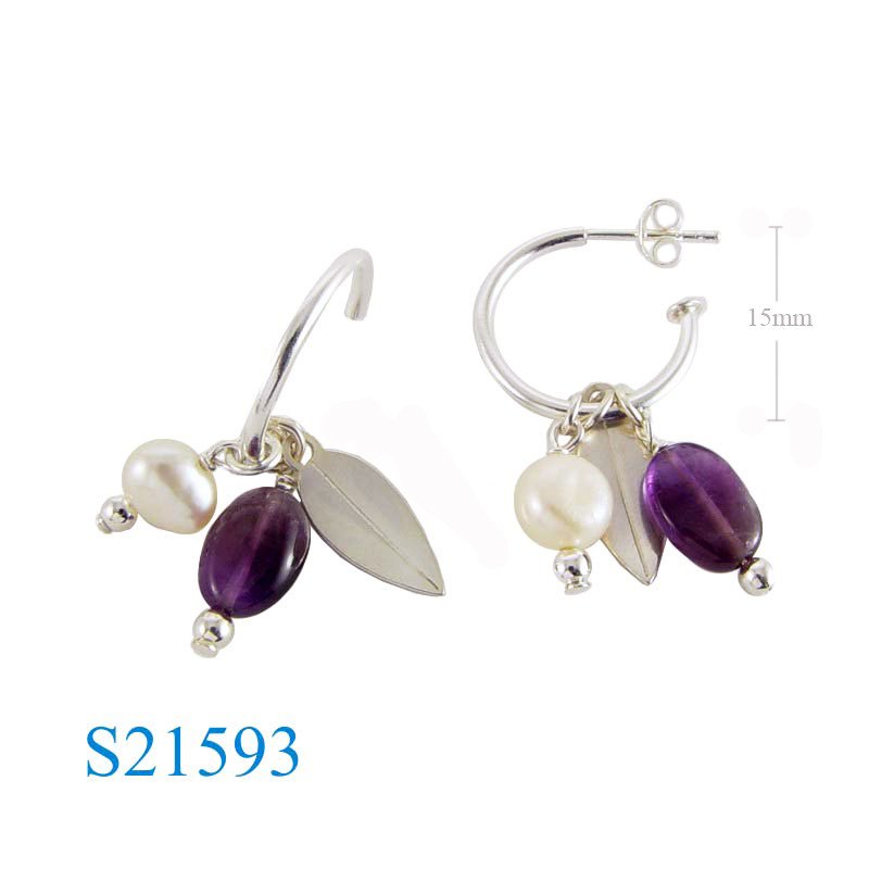 Earrings, loop with hanging leaf,oval stone, and FW perl.