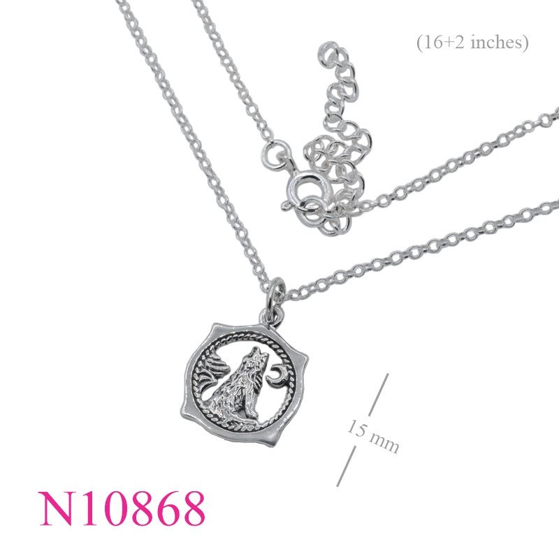 <p>Necklace, 16+2 inches chain and round wolf charm.</p>
