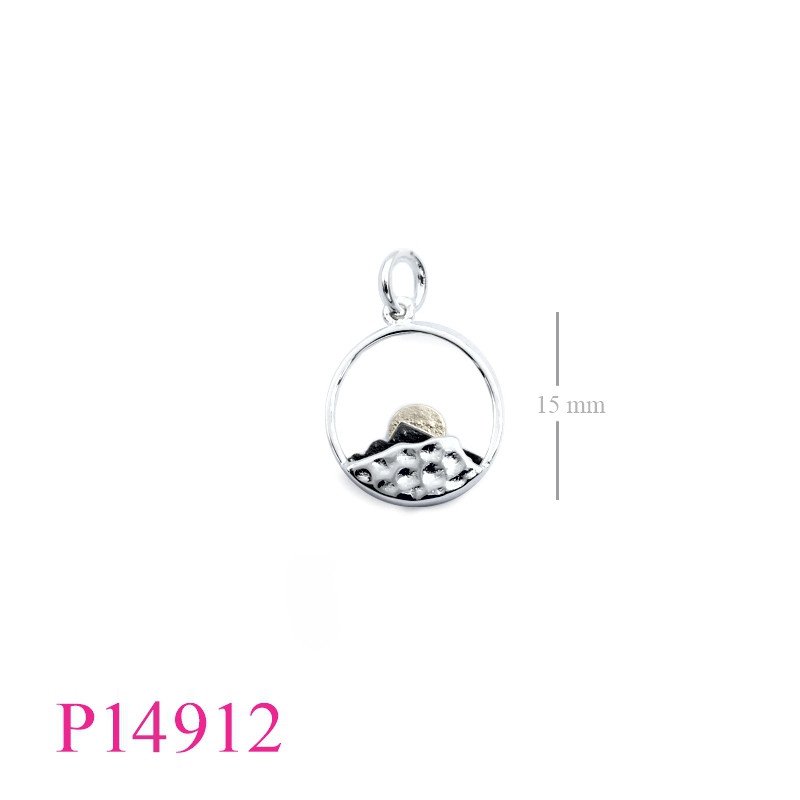 <p>Pendant, 15mm round land, Black Rhodium plated mountain and 1 micron Gold plated sun.</p>