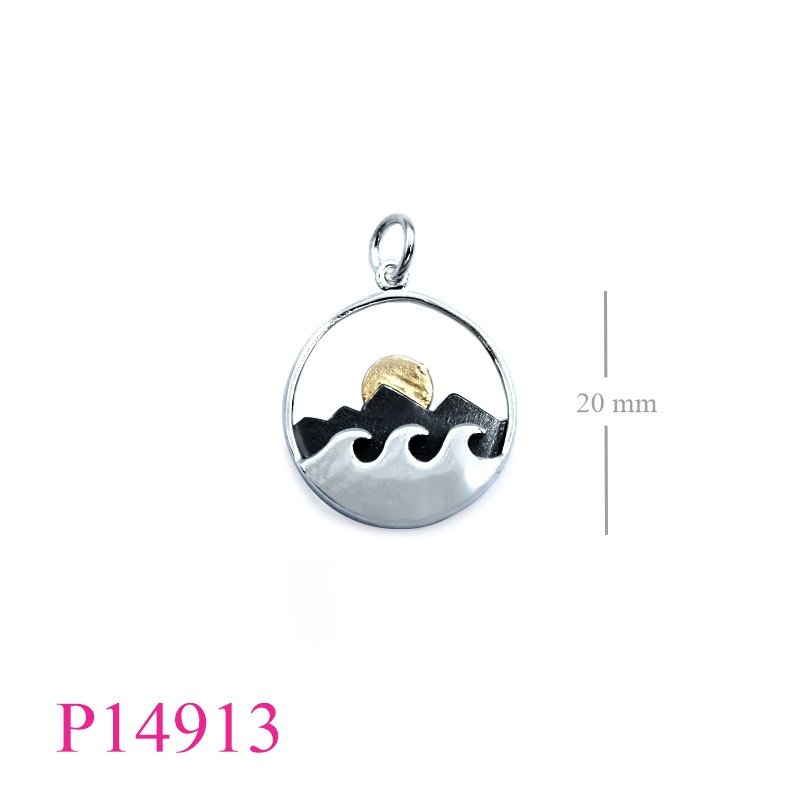 <p>Pendant, 20mm round wave, Black Rhodium plated mountain and 1 micron Gold plated sun.</p>