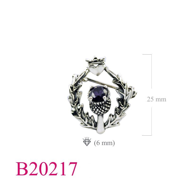 Heart Brooch, Thistle Brooch, CZ Brooch, Thistle and heart with round Amethyst CZ.