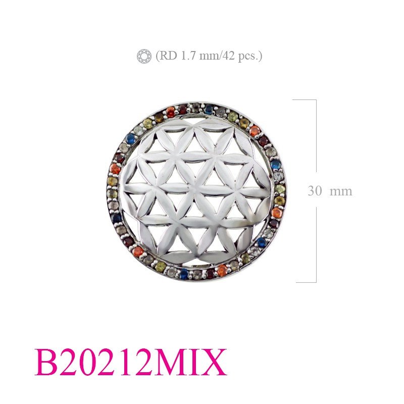Brooch, 30mm flower of life with Mix colour stones on edge