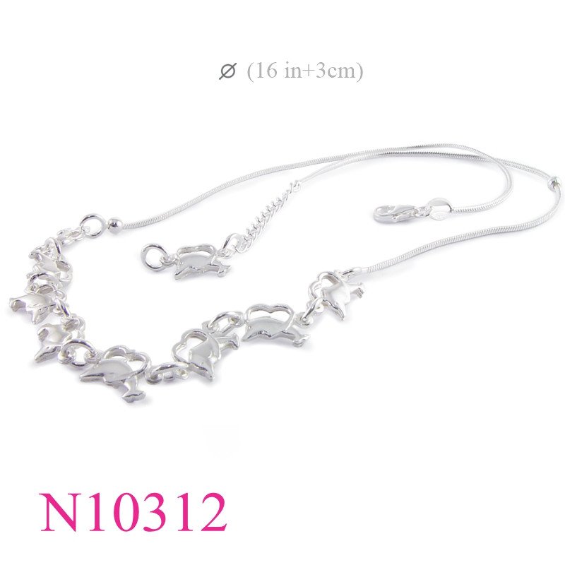 Dolphin Necklace, 9 dolphins in hearts and snake chain.