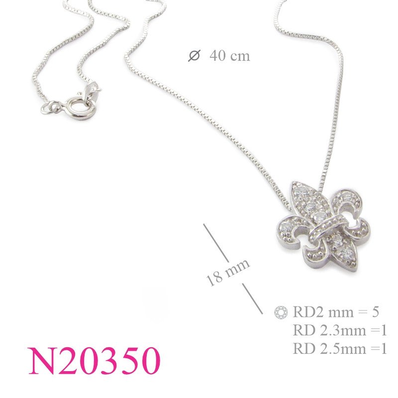 <p>Stone Necklace, Fleur-de-lis with small CCZ and Rhodium Plated.</p>