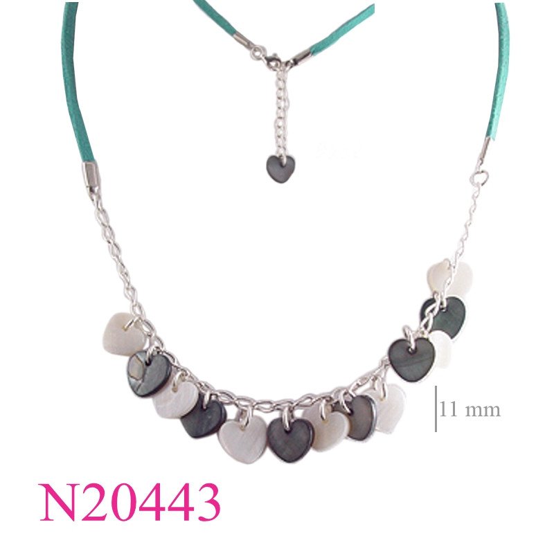 <p>Necklace, synthetic MOP hearts and synthetic chamois string.</p>