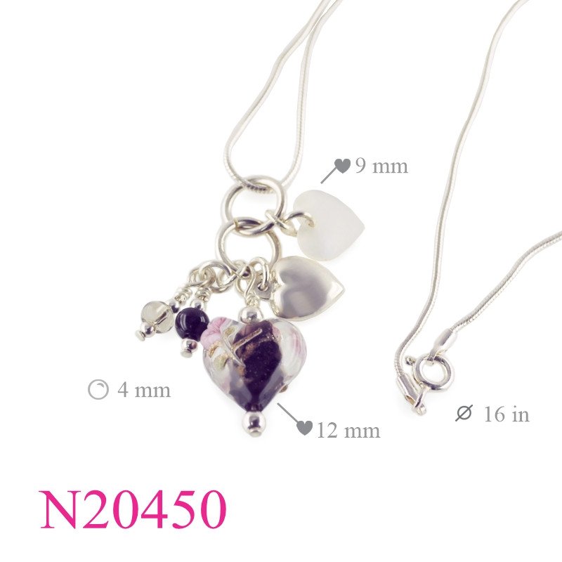 <p>Heart Necklace, 16 inches snake chain with MOP , puff , and Murano glass bead.</p>