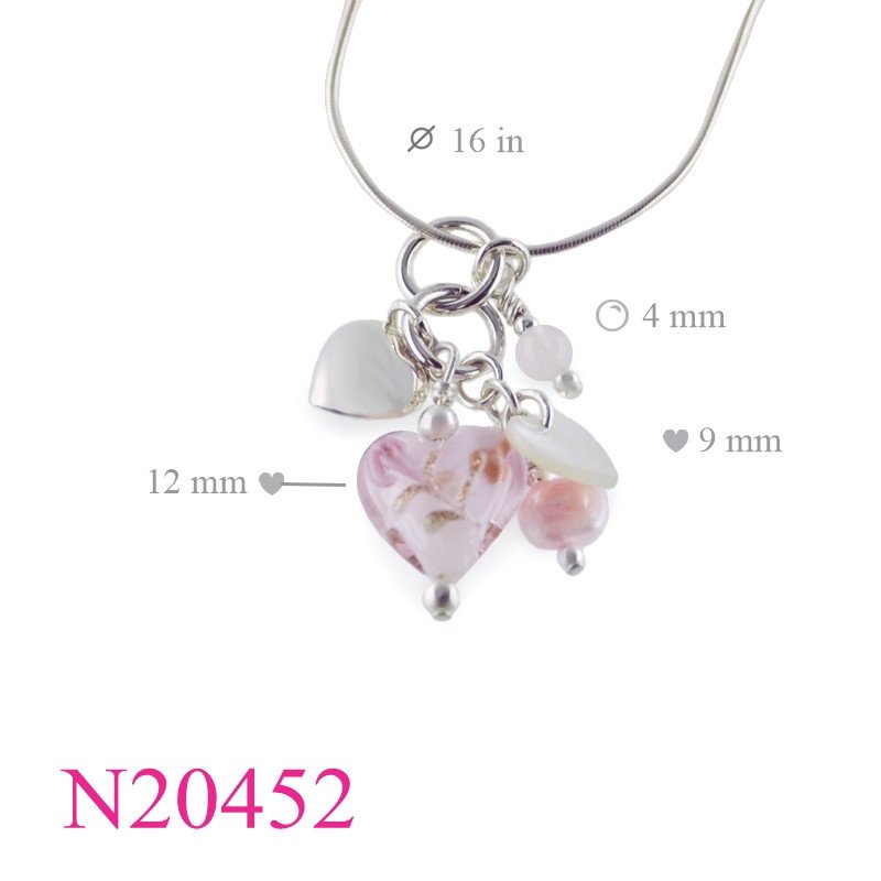 <p>Heart Necklace, 16 inches snake chain with MOP , puff , and Murano glass bead.</p>
