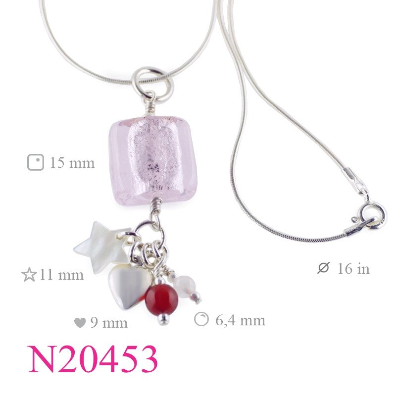 <p>Snake Necklace, Heart Necklace, Star Necklace, 16 inches snake chain with MOP star, puff heart, and Murano glass square bead.</p>