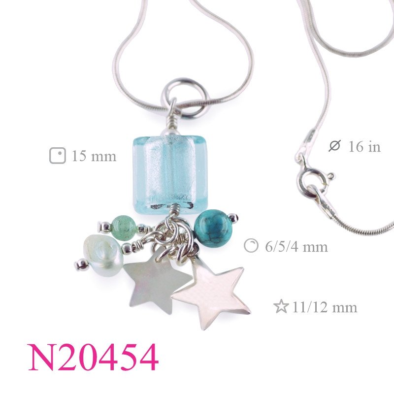 <p>Star Necklace, 16 inches snake chain with MOP , puff , and Murano glass square bead.</p>