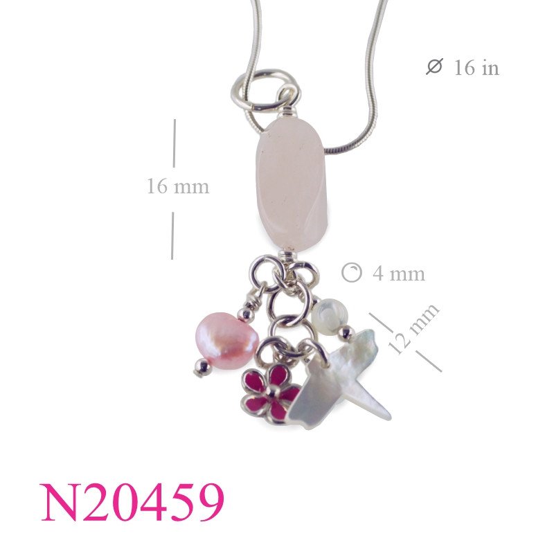 <p>Pink Necklace, Flower Necklace, 16 inches snake chain with MOP dragonfly, flower, and rose quartz bead.</p>
