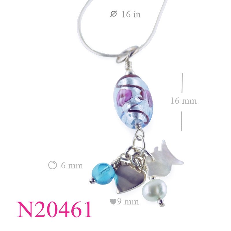 <p>Snake Necklace, Fish Necklace, Heart Necklace, 16 inches snake chain with MOP fish, flat heart, and Murano glass bead.</p>
