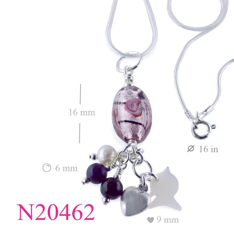 <p>Snake Necklace, Fish Necklace, Heart Necklace, 16 inches snake chain with MOP fish, puff heart, and Murano glass bead.</p>