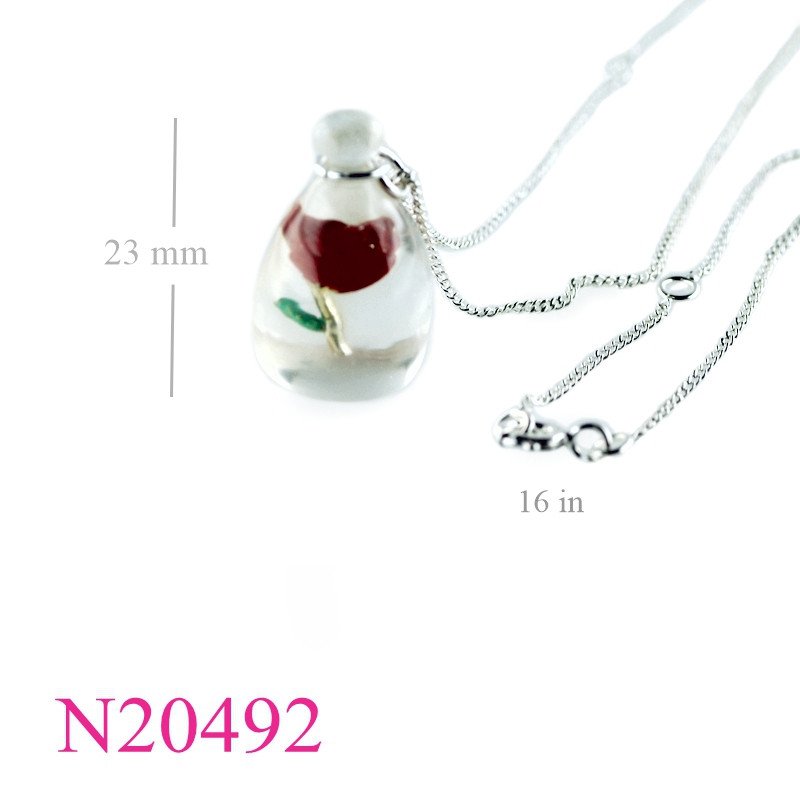 <p>Necklace, enamel rose in rasin bottle and 16 inches chain.</p>