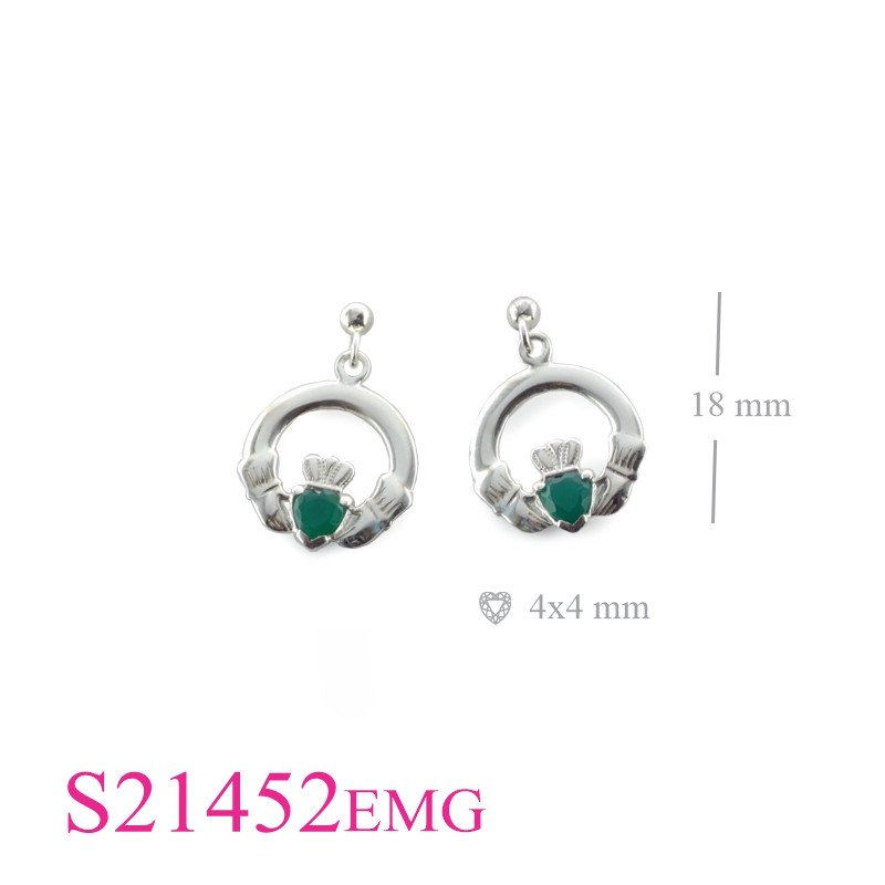 <p>Claddagh Earrings, Heart Earrings, round Claddagh and ball stud with Emerald Glass stone.</p>