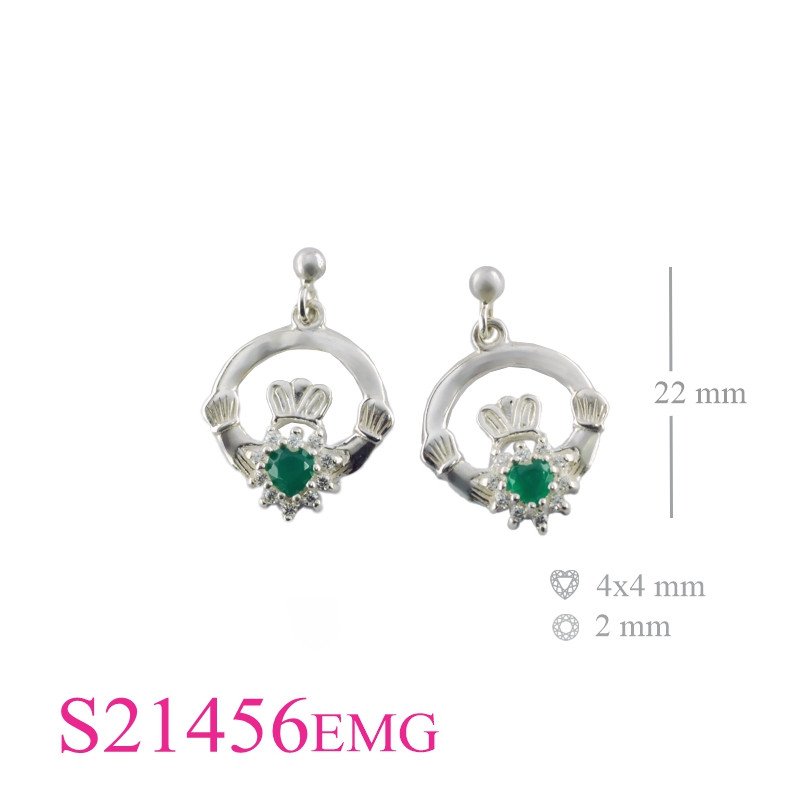 <p>Claddagh Earrings, Heart Earrings, round Claddagh and ball stud with Emerald Glass stone.</p>