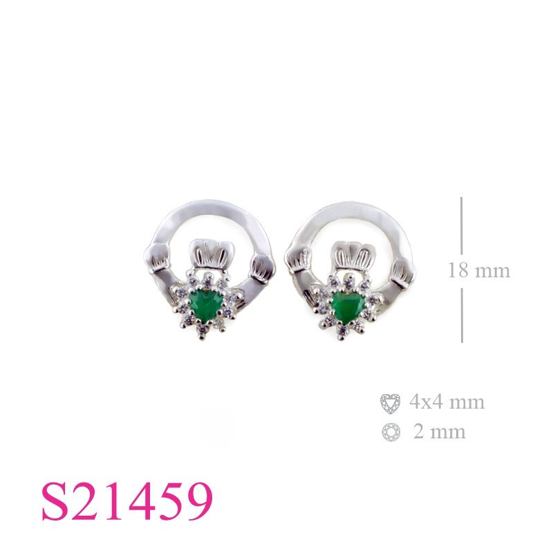 <p>Claddagh Earrings, Heart Earrings, CZ Earrings, Claddagh with Emerald Glass heart and small CCZs stone.</p>