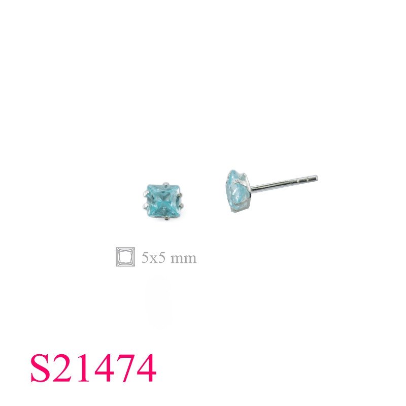 <p>Earrings, 6 prongs 5x5mm square Aqua CZ stone.</p>