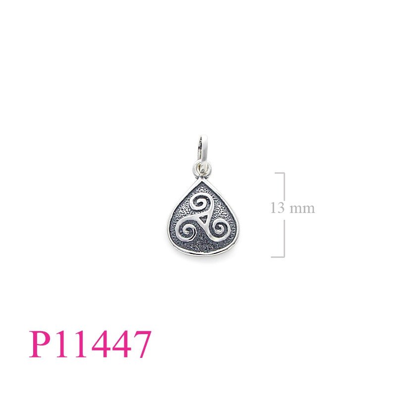 <p>Pendant, drop tri-spirals.</p>