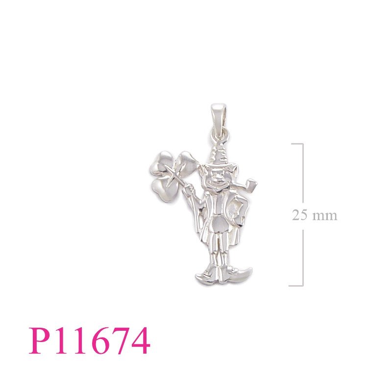 <p>Shamrock Pendant, Leprechaun with pipe holding shamrock.</p>