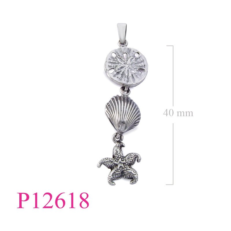 <p>Shell Pendant, sand dollar, clam, and starfish.</p>