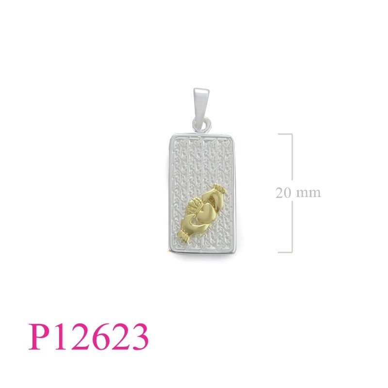 <p>Pendant, 1 micron gold plated + e coating Claddagh on Celtic pattern rectangle.</p>