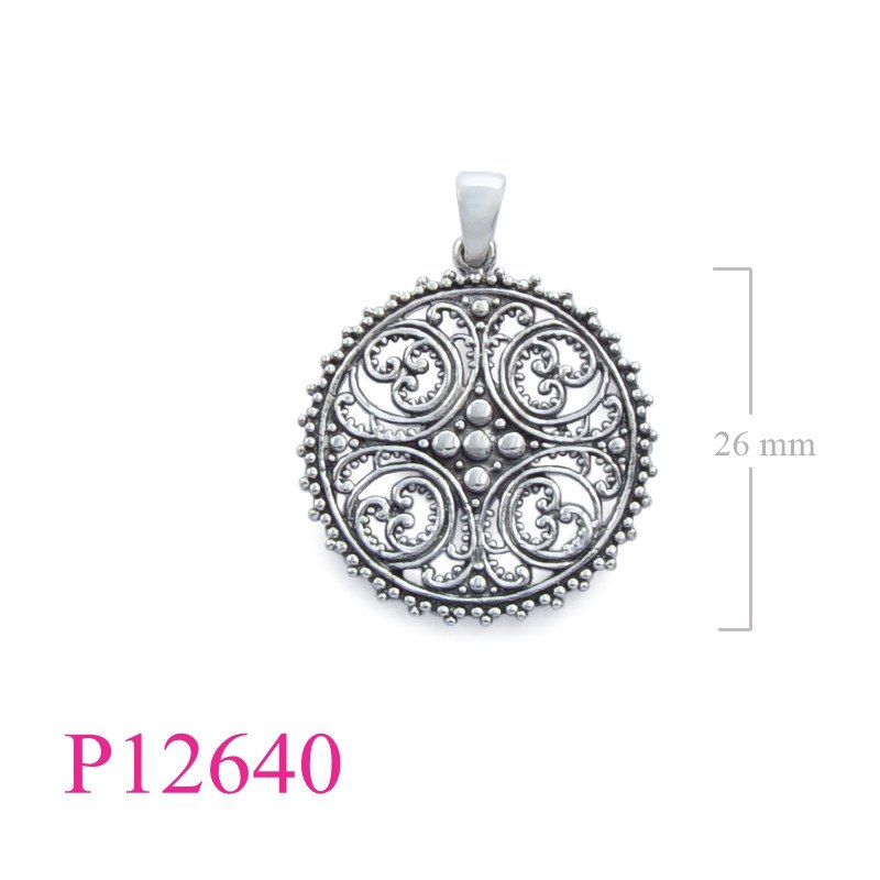 <p>Pendant, round filigree design.</p>