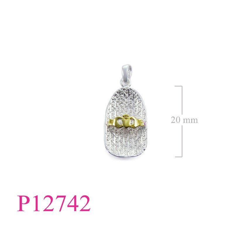 <p>Pendant, 1 micron gold plated + e coating Claddagh on Celtic pattern arch.</p>