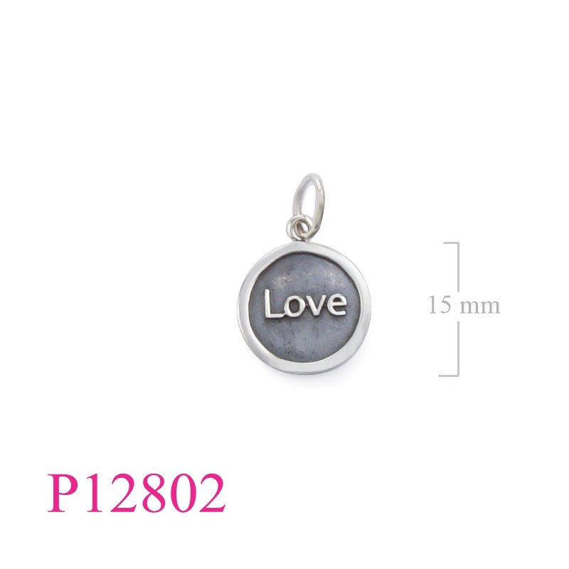 <p>Pendant, 15mm "Love" round tag.</p>