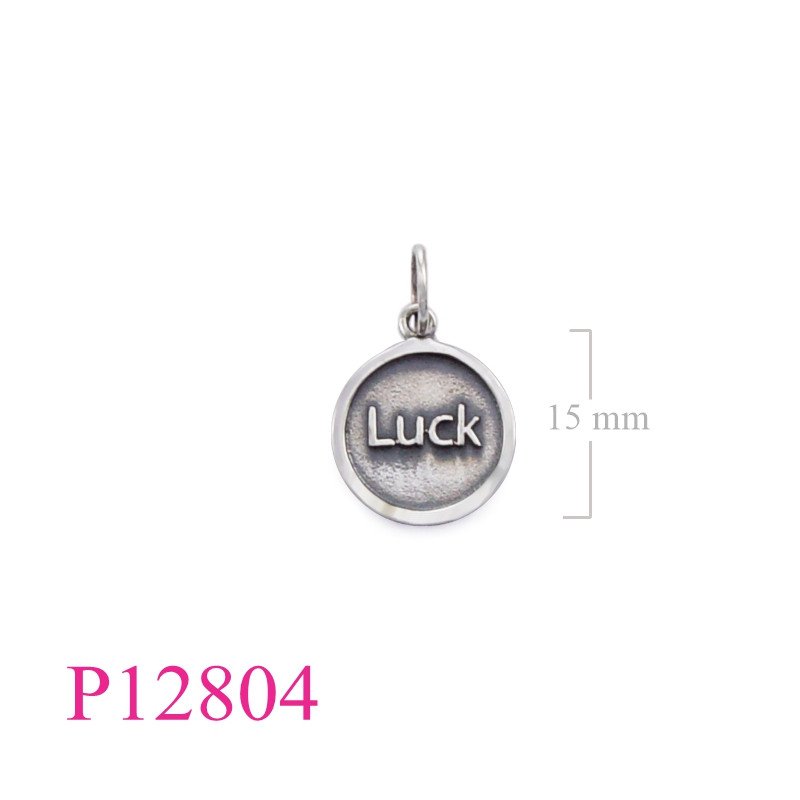<p>Pendant, 15mm "Luck" round tag.</p>