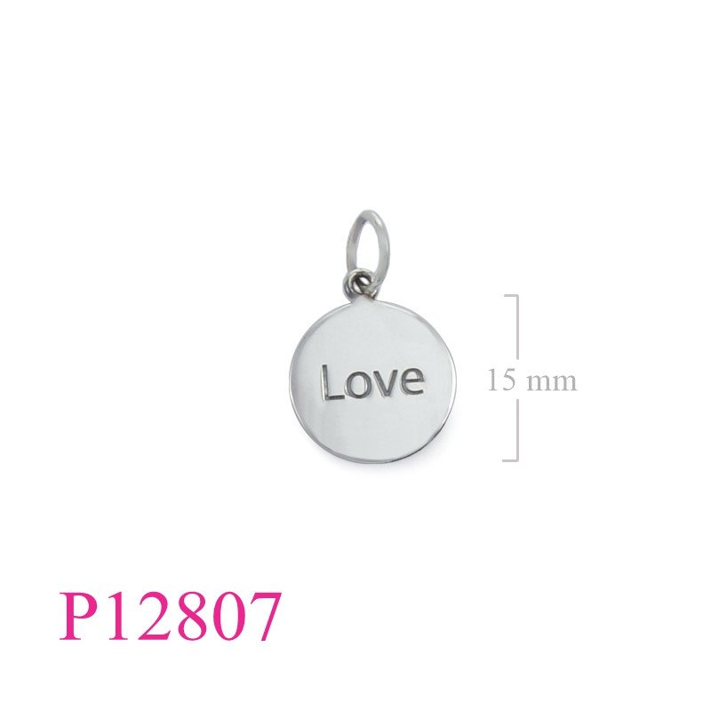 <p>Pendant, 15mm "Love" round tag.</p>