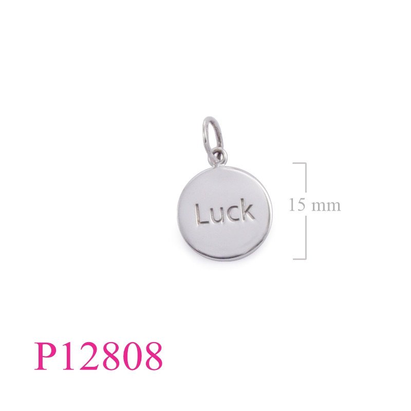 <p>Pendant, 15mm "Luck" round tag.</p>