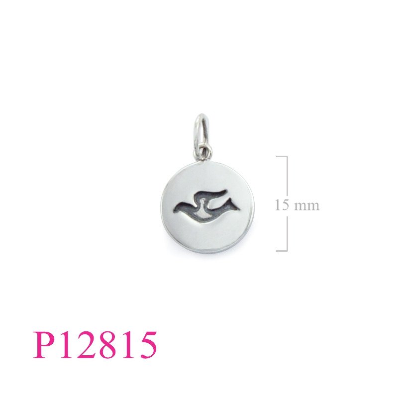 <p>Pendant, 15mm dove round tag.</p>