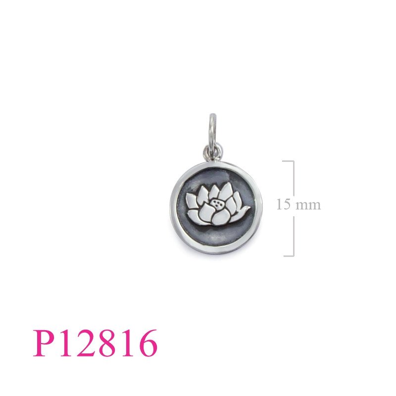 <p>Pendant, 15mm pop out lotus round tag.</p>